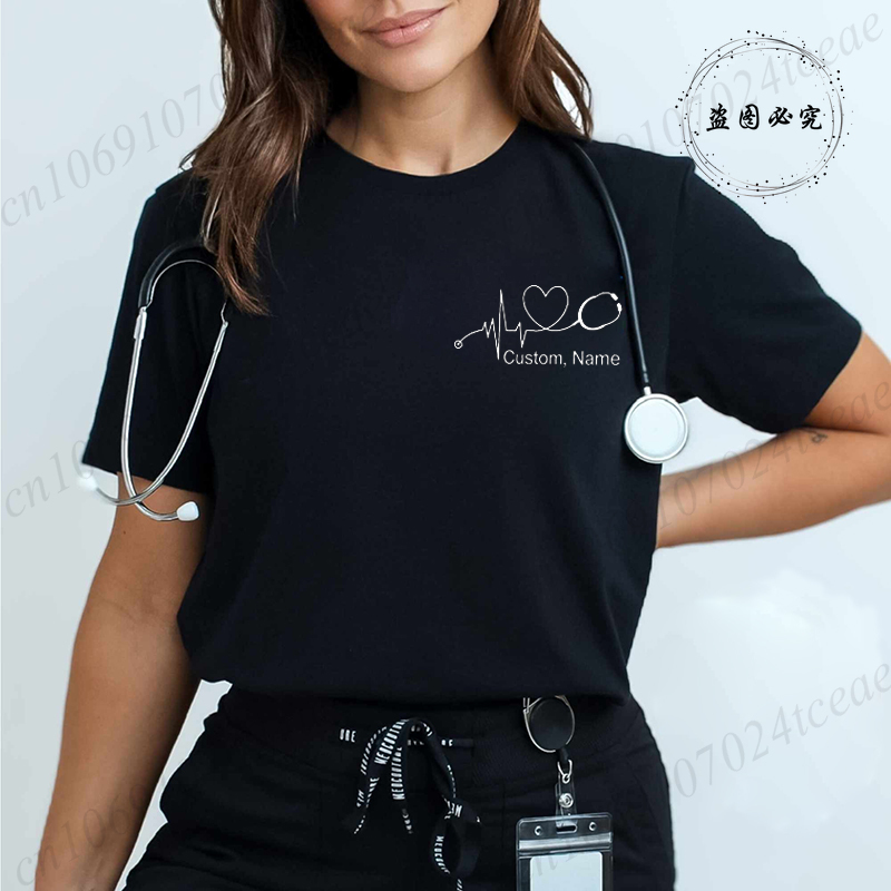 Summer Clothing Names - Koszulka pielęgniarska z własnym imieniem, stetoskop,