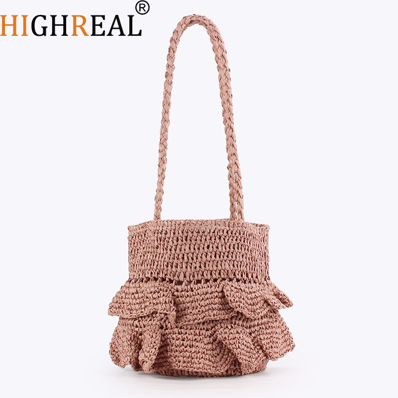 Beach Bag Straw - Letnia marszczona torba typu bucket, bohemskie