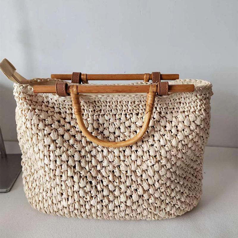 Beach Bag Straw - Torba ze słomy z drewnianą rączką