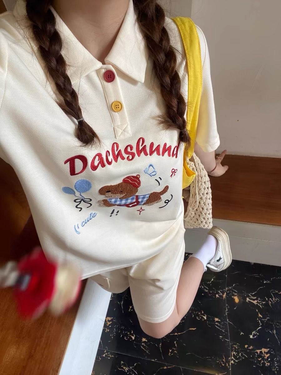 Summer Clothing Juniors - Kawaii Haft Pies Japoński Styl Koszulka